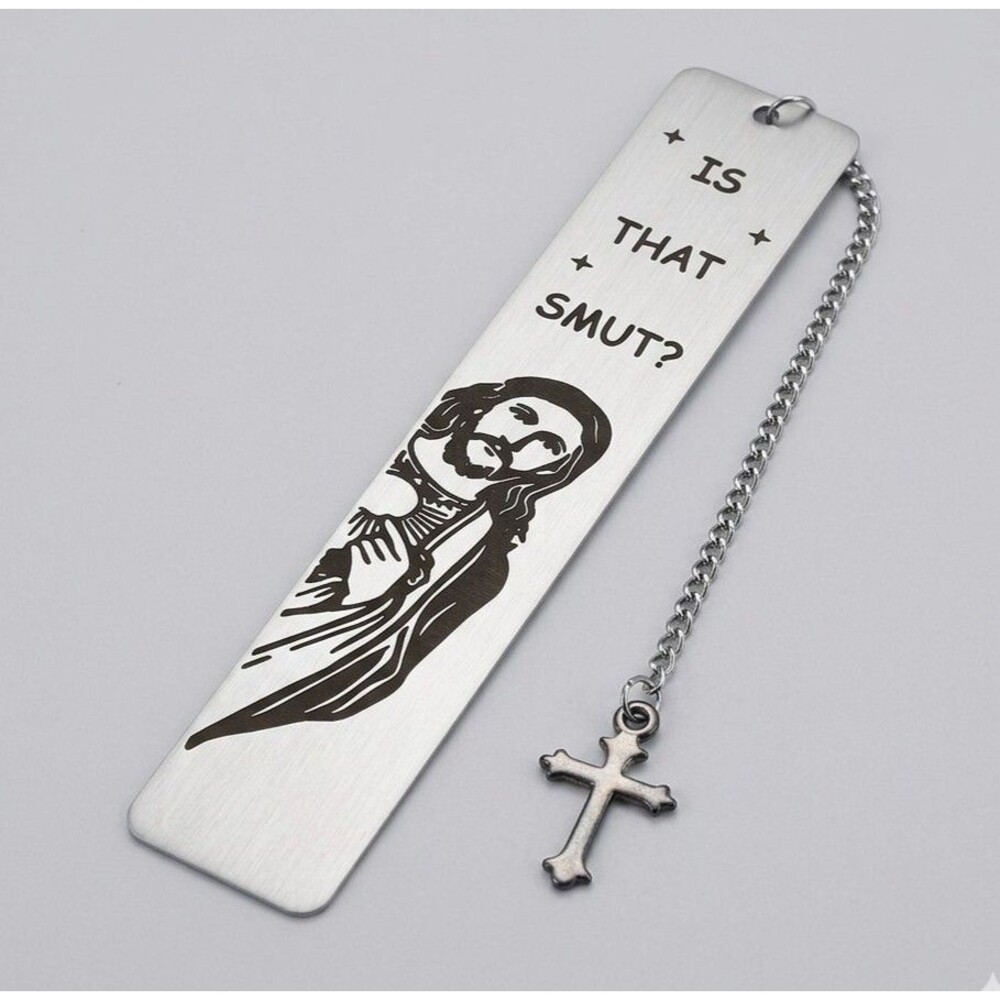 Funny Peeking Jesus "Is That Smut?" Metal Bookmark w/Cross Charm - Novelty Gift